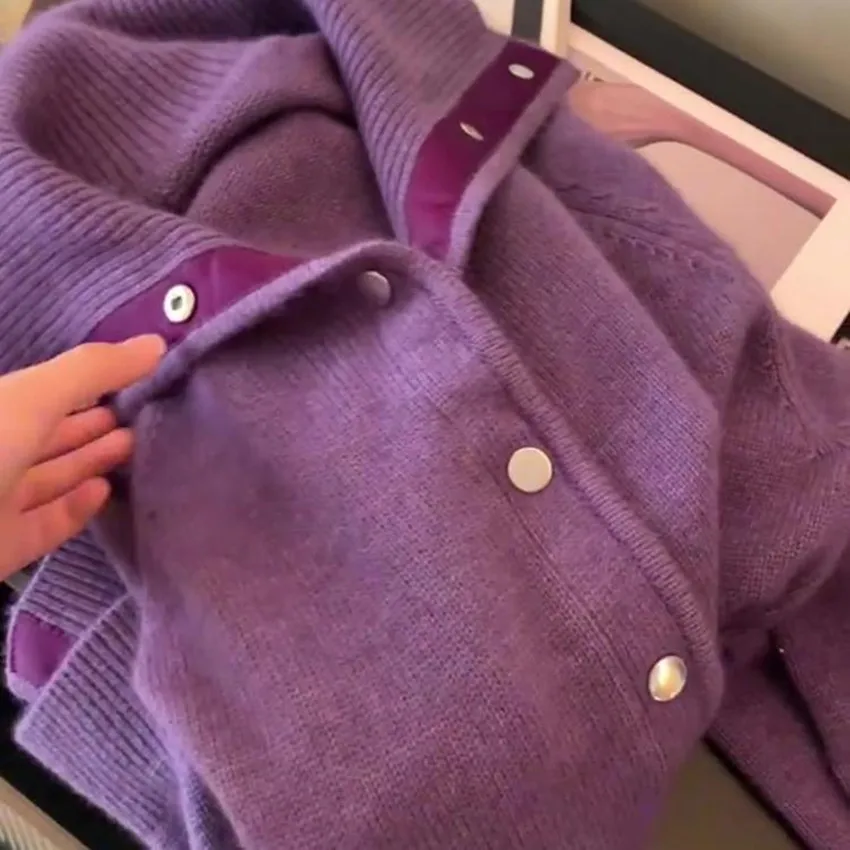 2024 фиолетовые женские однобортные вязаные толстые свободные свитера куртка
