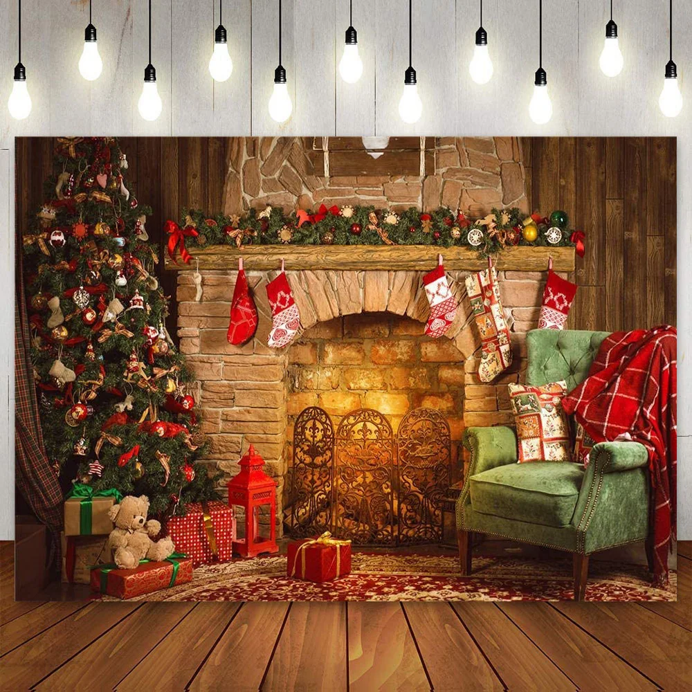 Merry Christmas Backdrop Interior Brick Wall Fireplace Photo Xmas Tree Photography Background Kids Family Party Decoration Shoot