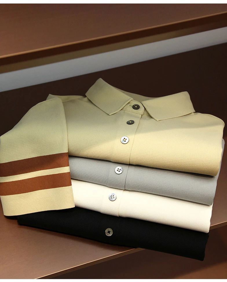 Italian Light Luxury! Silky Draped! Black Technology Cool Feeling Fabric Ice Silk Short sleeve Polo Shirt Lapel T-shirt Shirts