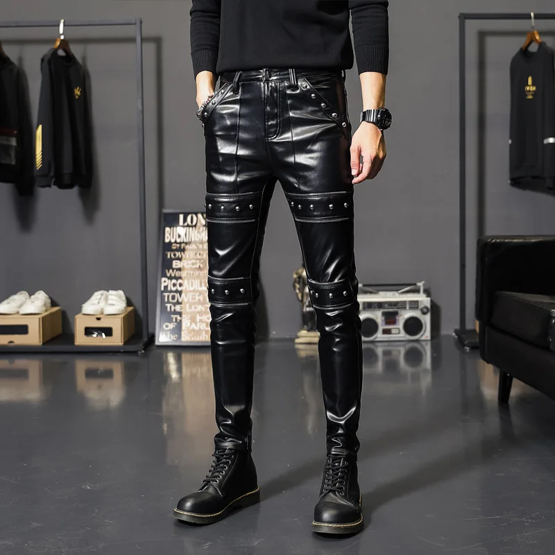 2022 New Winter Spring Mens Skinny Biker Leather Pants Fashion Faux Leather Motorcycle Trousers for Male Trouser Stage Club Wear