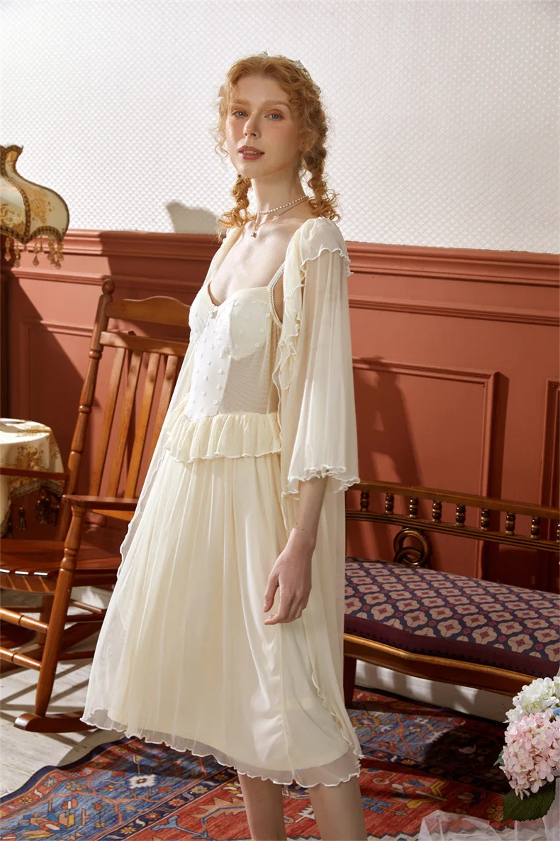 Women's Retro Chic Slim Fit Gauze Stitching Slip Dress with Removable Chest Pad Two Piece Set Nightgowns Sleepshirts Sleepwear