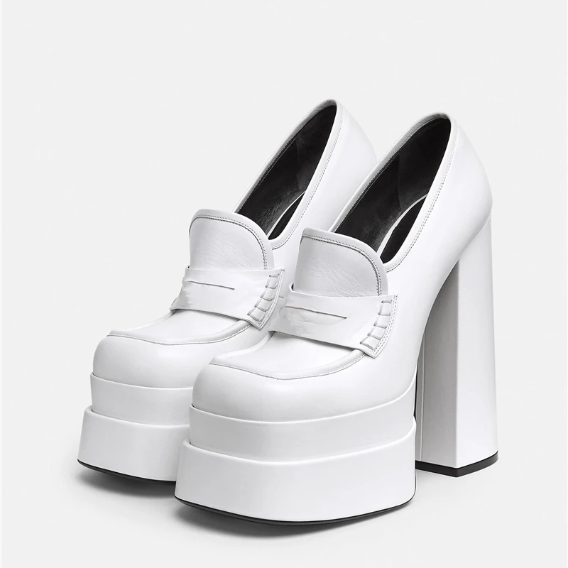 

New Women High Waterproof Heels Pumps Square Toe Genuine Leather Platform Shoes Lady Casual Sexy Shoes Big Size 34-43 Slip-On