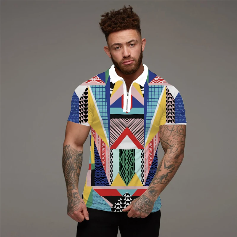 

Рубашка-поло мужская с коротким рукавом, Повседневная рубашка с отложным воротником, на молнии, с принтом, лето