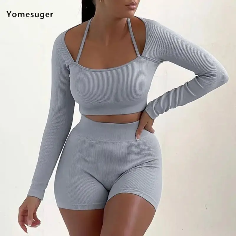 

Yomesuger Ribbed Casual Two Piece Set Women Long Sleeve Crop Tops and Shorts Matched 2023 Fall Active Fitness Outfits Tracksuits