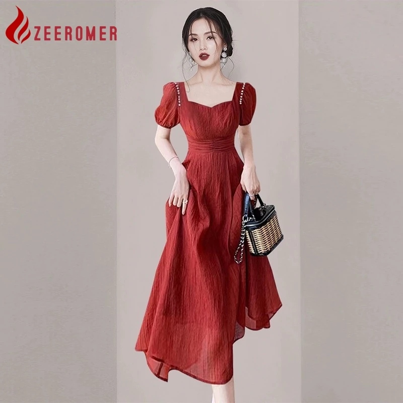 

Женское облегающее платье миди, элегантное ТРАПЕЦИЕВИДНОЕ ПЛАТЬЕ во французском стиле с квадратным вырезом, коротким рукавом и бисером, лето 2023