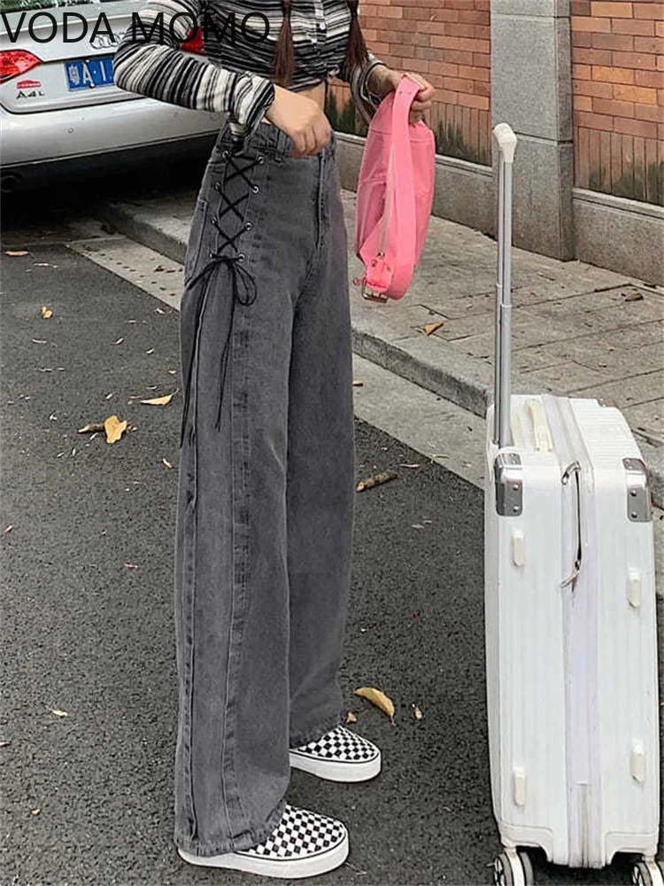 

spring 2022 womens high waist lace up straight Women's Wide leg jeans baggy woman denim capris Pants jean mom jeans trousers