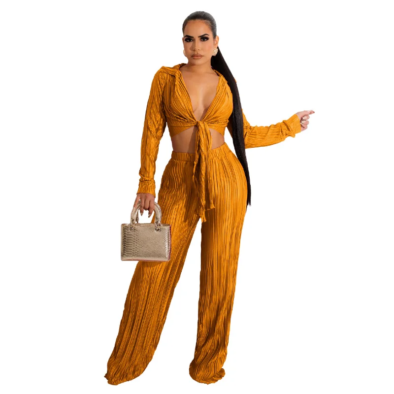 

Новинка Осень 2021, Женский чувственный однотонный топ на шнуровке, брюки, костюм из двух предметов, модная повседневная женская одежда в улич...