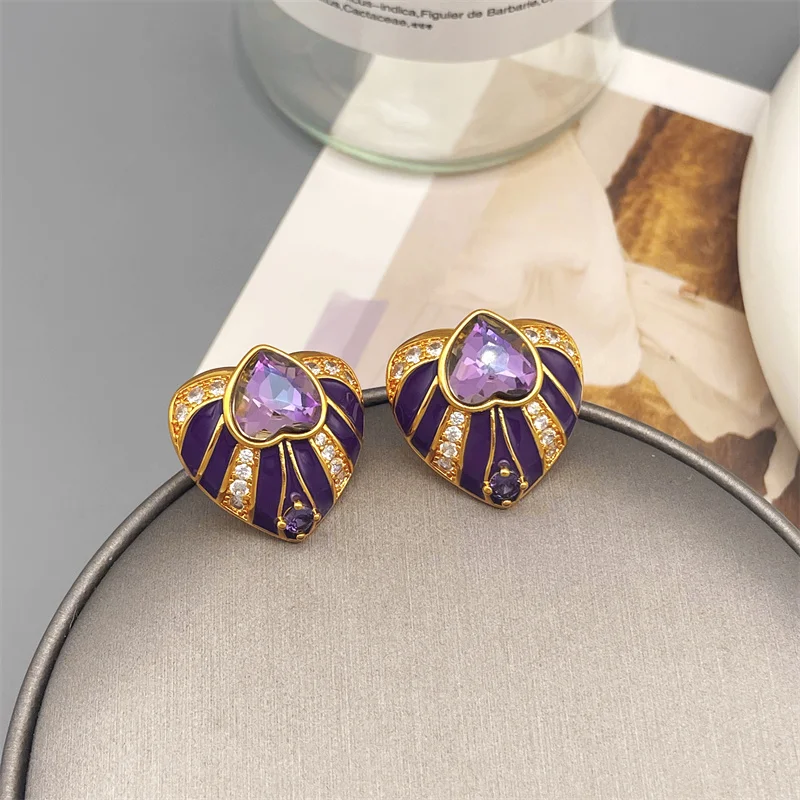 

European And American Retro Inlaid Gem Enamel Glaze Inlaid Zircon Heart Shape Stud Earrings For Women High Fashion Earrings