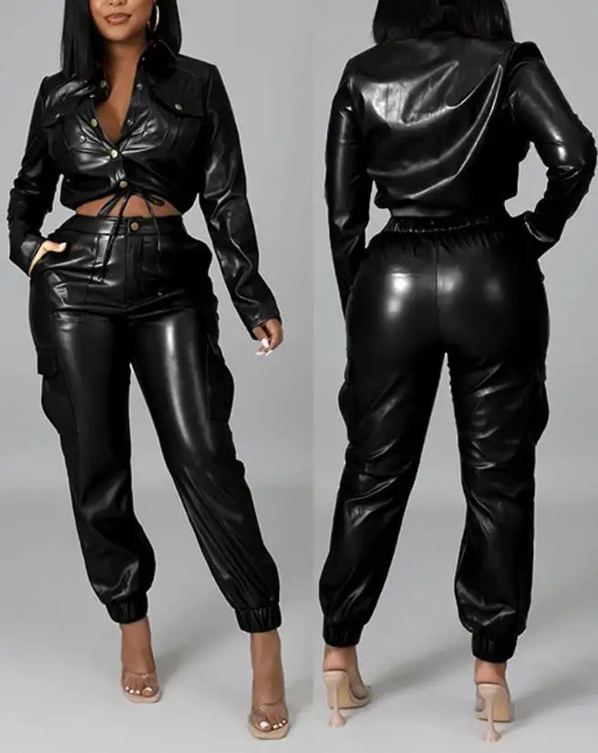 

PU Leather Long Sleeve Top & Cuffed Pants Set 2 Pieces Black Casual Outfits Coat & Leggings Pants Suits