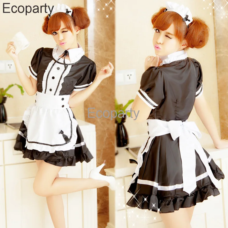 

Женский костюм горничной для косплея, милое Черное мини-платье с коротким рукавом и фартуком для девушек, костюм аниме для женщин