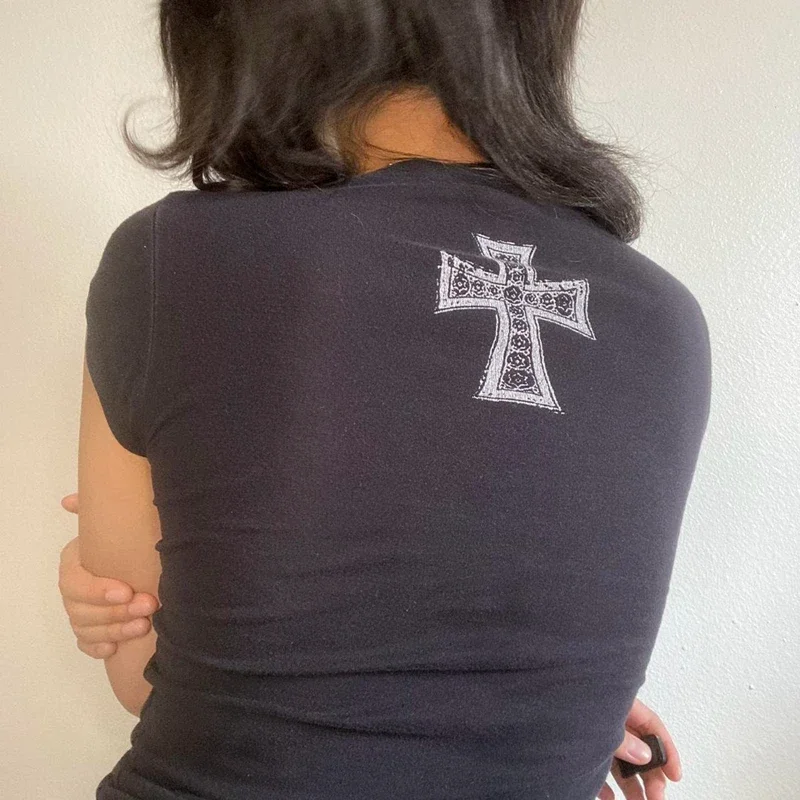 Готические укороченные топы Cyber Grunge Y2K футболки с графикой винтажные рубашки