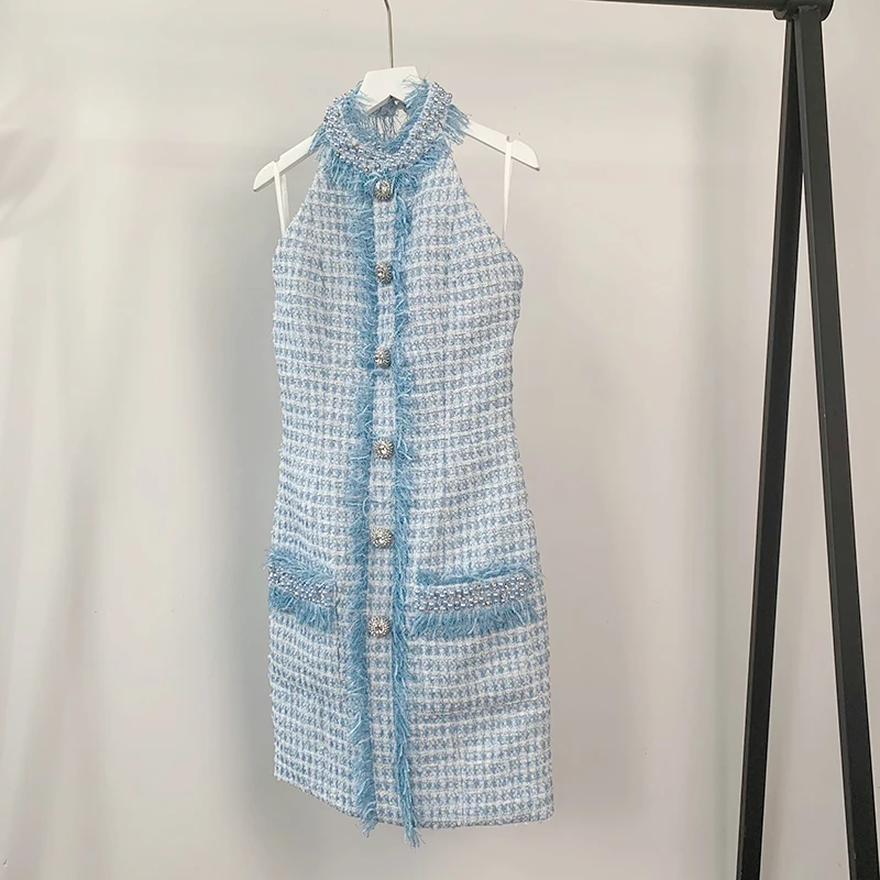 

Women Elegant Style Handmade Beading Diamonds Rhinestone Backless Sleeveless Party Halter Mini Dress