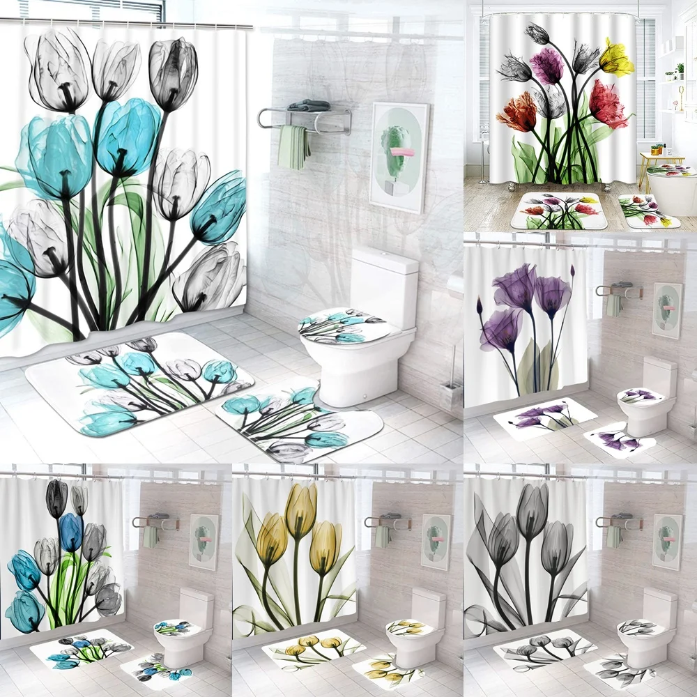 

Tulip Flowers Shower Curtain Sets Non-Slip Rugs Toilet Lid Cover Bath Mats Abstract Colorful Floral Waterproof Bathroom Curtains