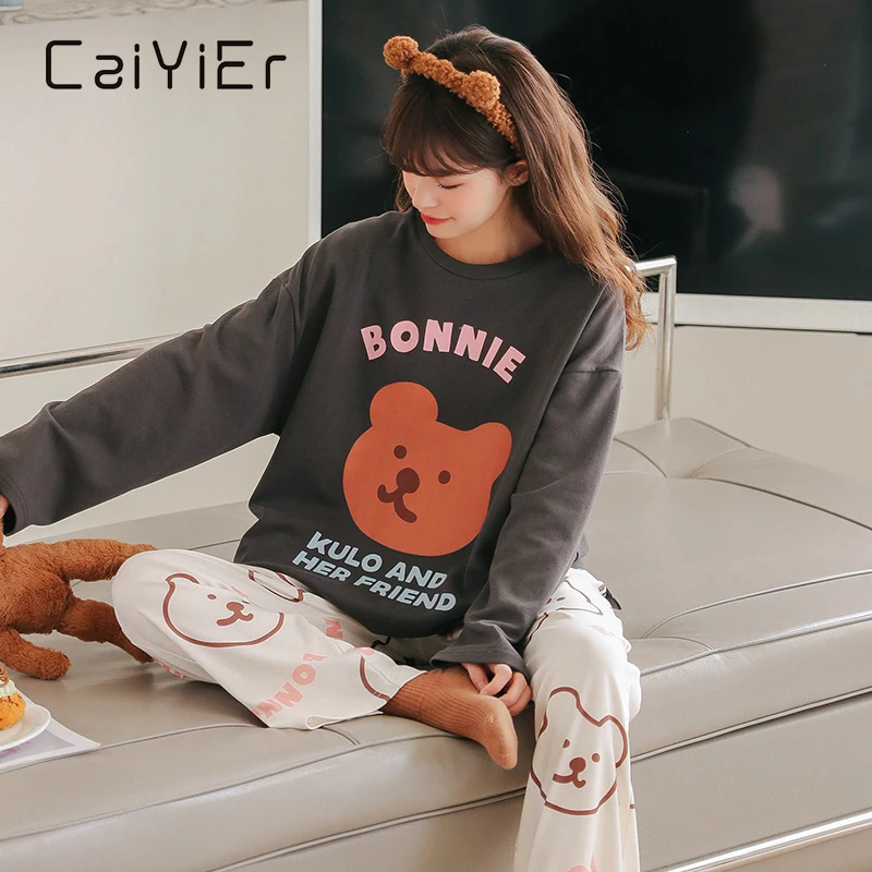 

CAIYIER 2022 Spring Autumn Cartoon Bear Girls Nightwear Female Leisure Sleepwear Suit Round Neck Kawaii Pijamas Mujur Loungewear