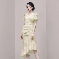 womens summer new korean high end temperament v neck p bubble short sleeve pleated fishtail medium and long jacquard dress