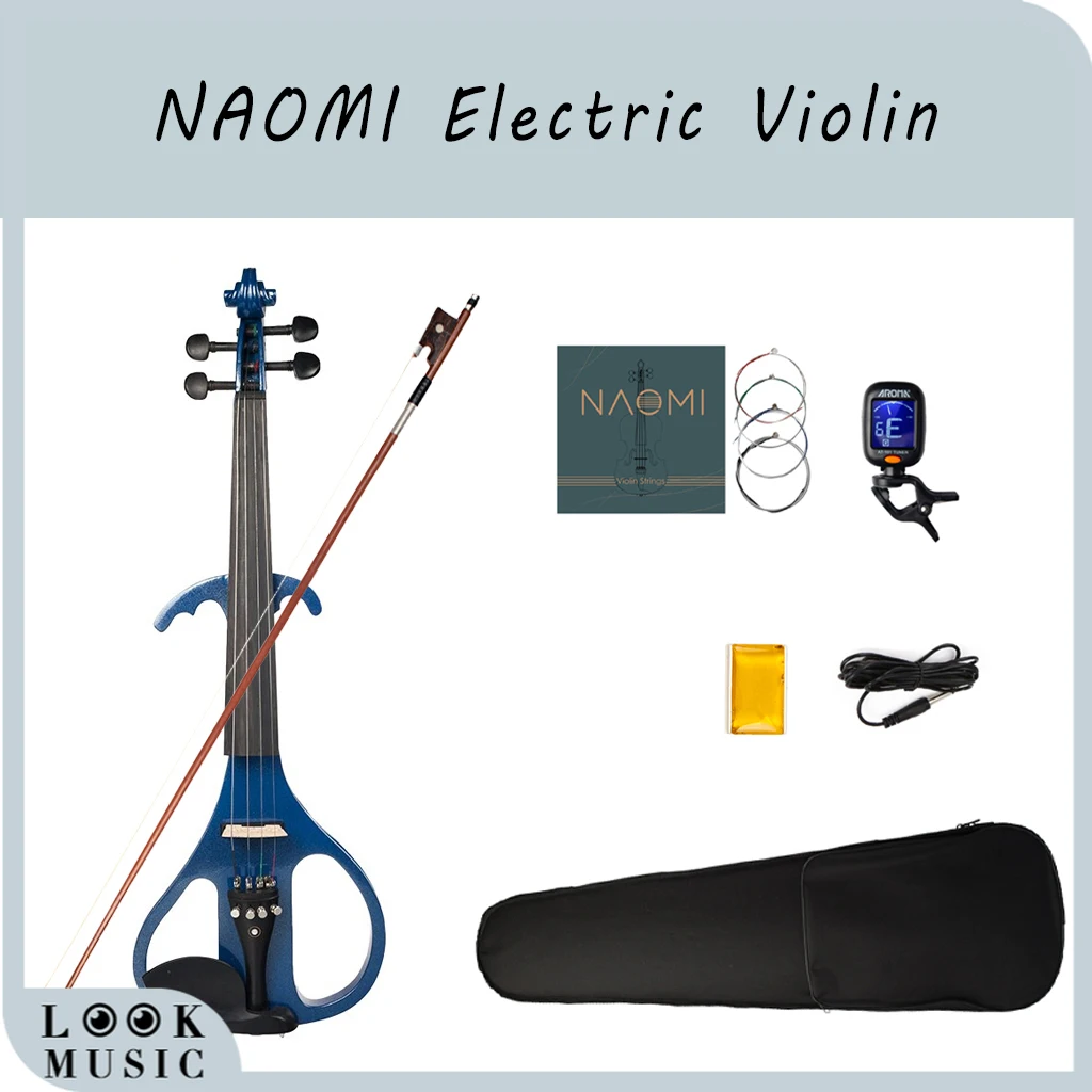 Enlarge NAOMI 4/4 Solid Wood Advanced Electric Violin Silent Violin Kit Full Size with Ebony Fingerboard Chin Rest Blue Violin Set
