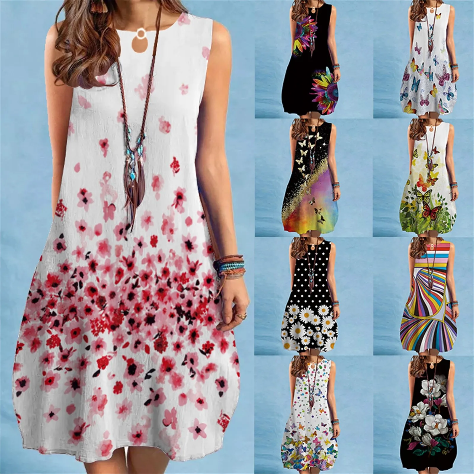 

Платье женское средней длины, свободный сарафан с принтом, без рукавов, с поясом, с запахом, на лето