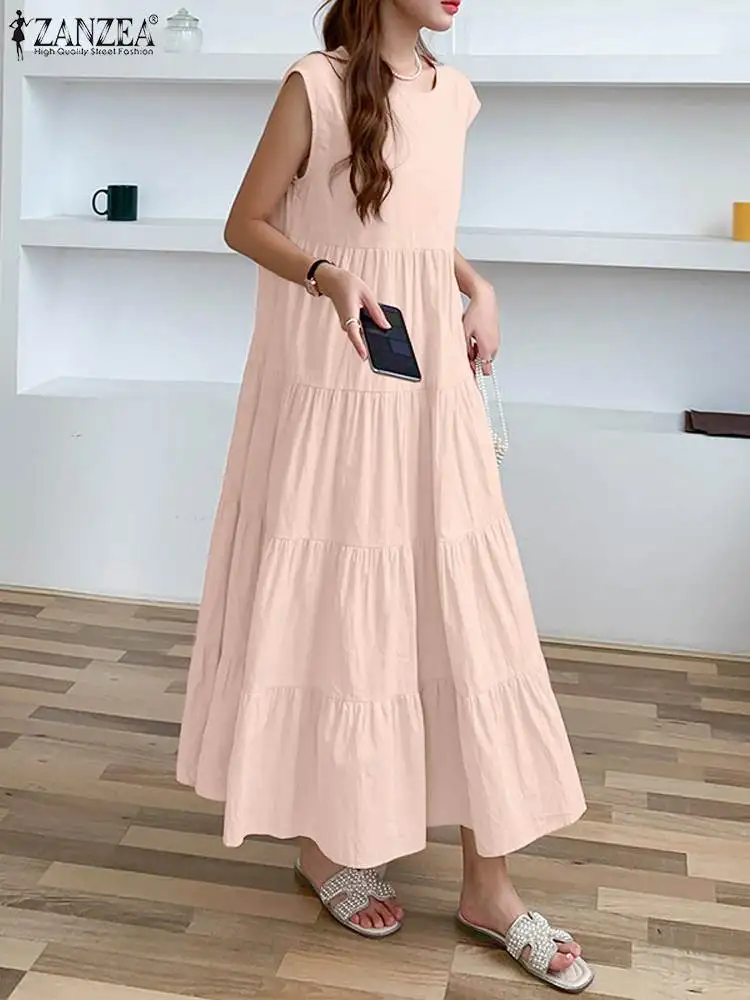 

ZANZEA Bohemian Summer Maxi Dress Femme Holiday Beach Dresses Women Party Robe Fashion Sleeveles O Neck Sundress Solid Vestidos