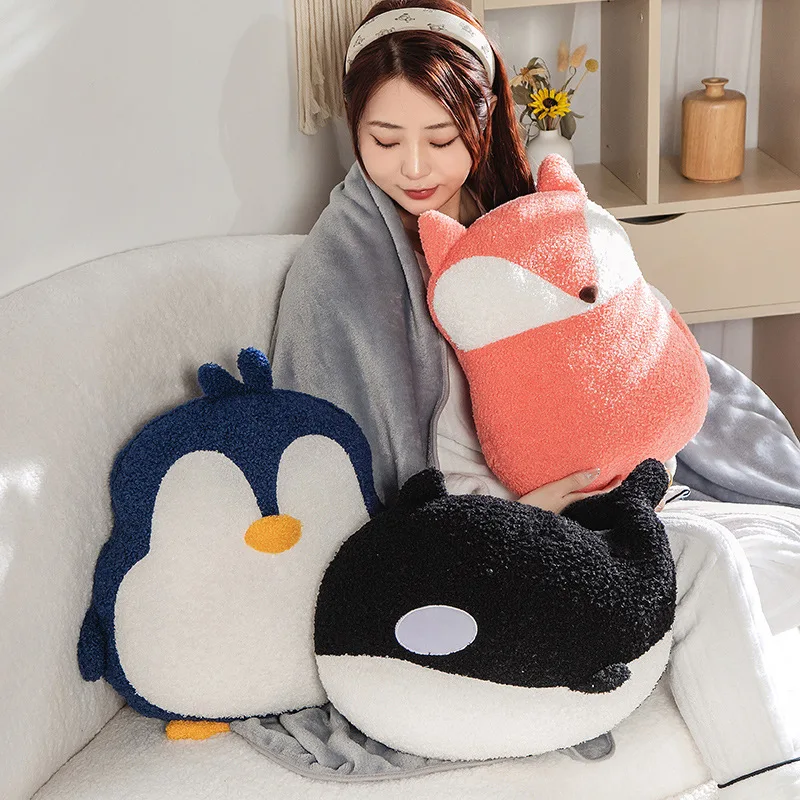 High Quality Stuffed Soft Cartoon Animals Pillow With Blanket Cute Cushion Plush Killer Whale/Fox/Penguin Toys Sofa Chair Gift