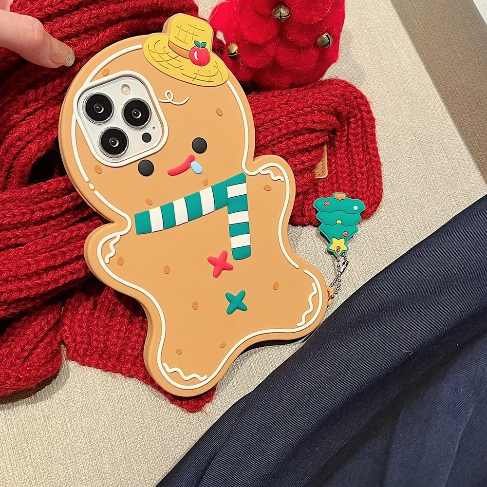 

3D Stereoscopic Gingerbread Man with Pendant Phone Case for IPhone 15 14 13 12 11 Pro Max Silicone Soft Anti-fall Back Cover