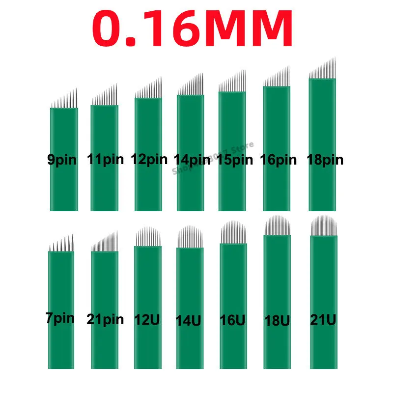 

0.16mm 50pcs Microblading Green Tattoo Needles Agulhas Tebori Blades Nano 12/14/16/18 Flex U Shape Needles Tattoo 3D Embroidery