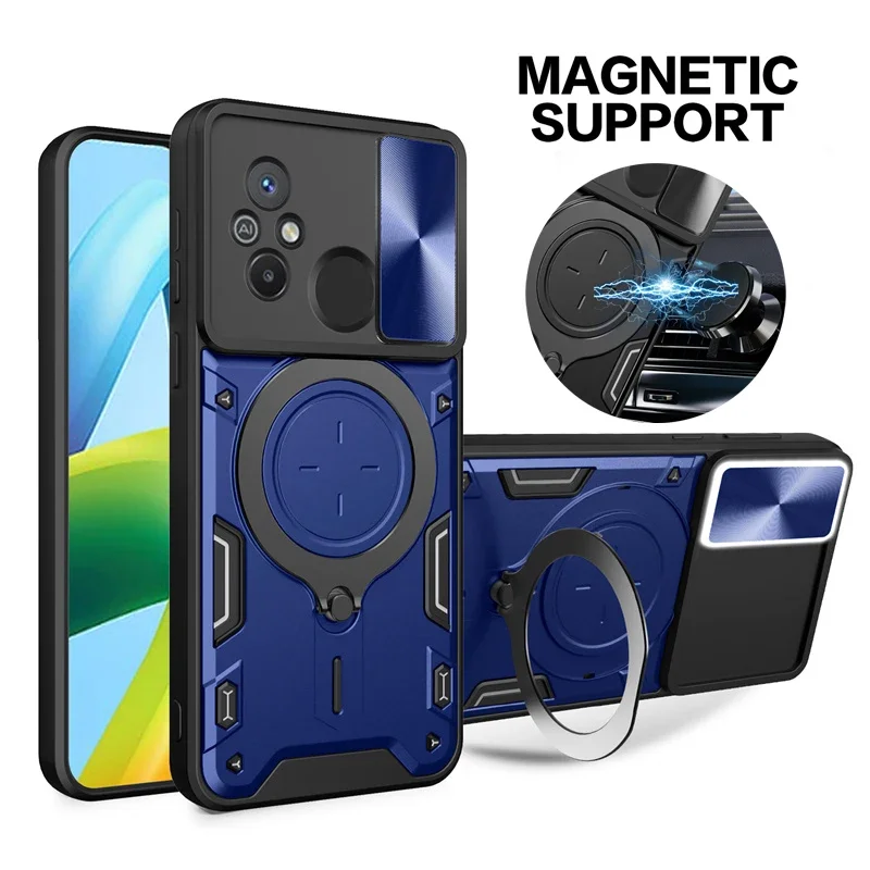 For Xiaomi Redmi 12C 13C 10C 9C Case Slide Camera Shockproof Armor Funda 11A 10A 9T Magnetic Holder Ring Protect Cover