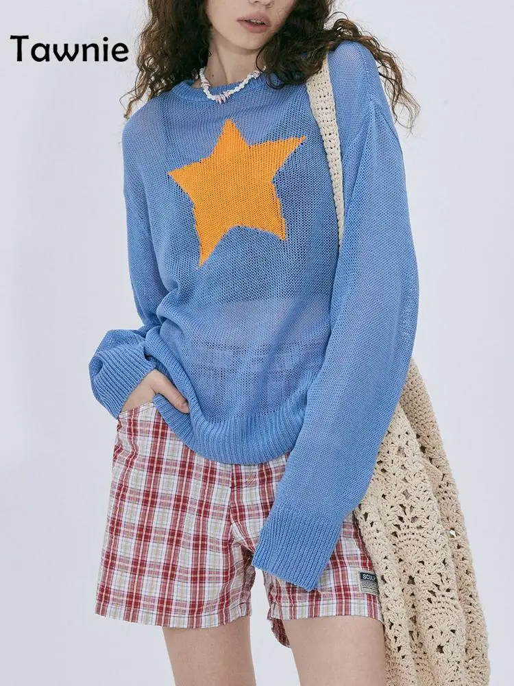 

Tawnie 2022 Summer Autumn Star Kintted Smock Tops Women Y2K Long Sleeve See Through Loose Pullovers T Shirts Vintage Streetwear