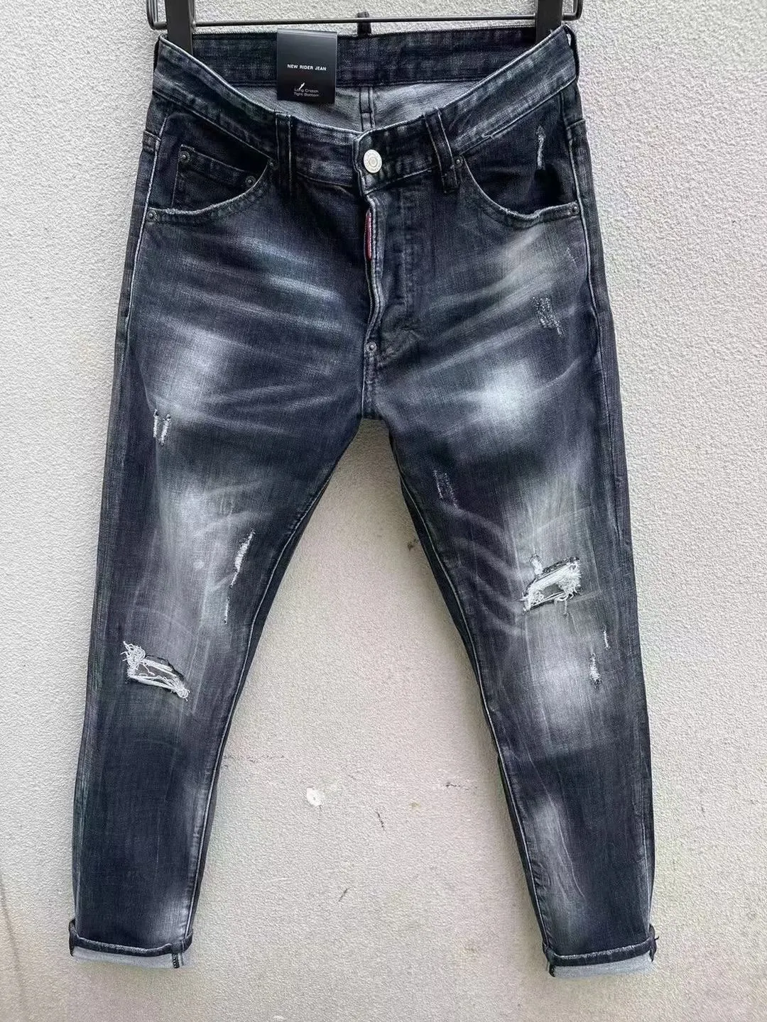 2023 Spring/Summer New D2 Jeans Fashionable Slim Fit Micro Elastic Hole Patch Simple Versatile Trendy Men's Pants