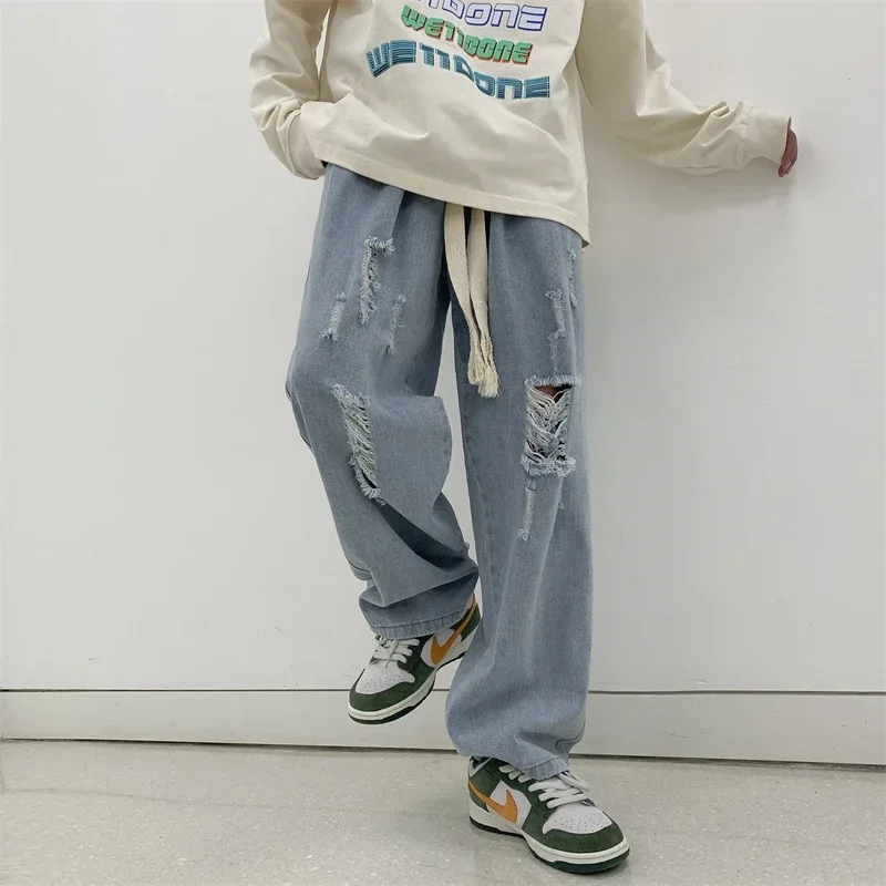 Брюки мужские рваные в стиле ретро прямые повседневные джинсовые брюки