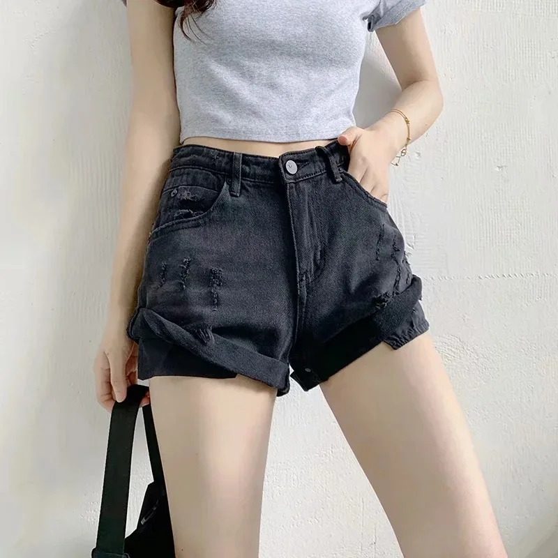 2021 Friction Flanging Pocket High Waist Denim Shorts Women Summer Trend Korean Harajuku Casual Short Jeans Female Streetwears