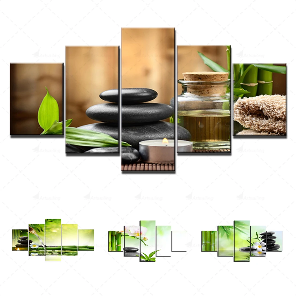 

5 Pieces Canvas Spa Painting Wall Art Print Stones Zen Candles Orchid Flower Poster Wall Picture For Room Decoration Modern Art