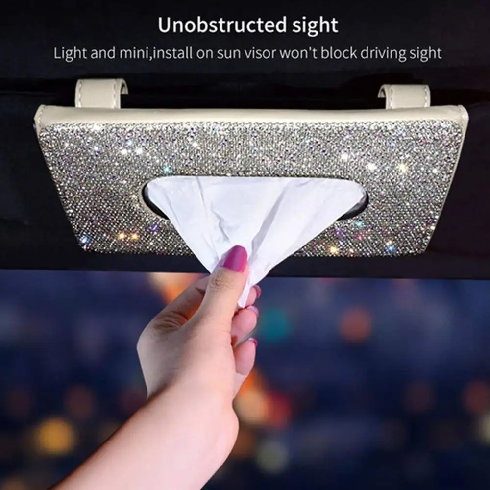 

Car Sun Visor Tissue Box Holder Bling Crystals Cover Case Clip PU Leather Backseat Tissue Case Diamond-studded Auto Accessories