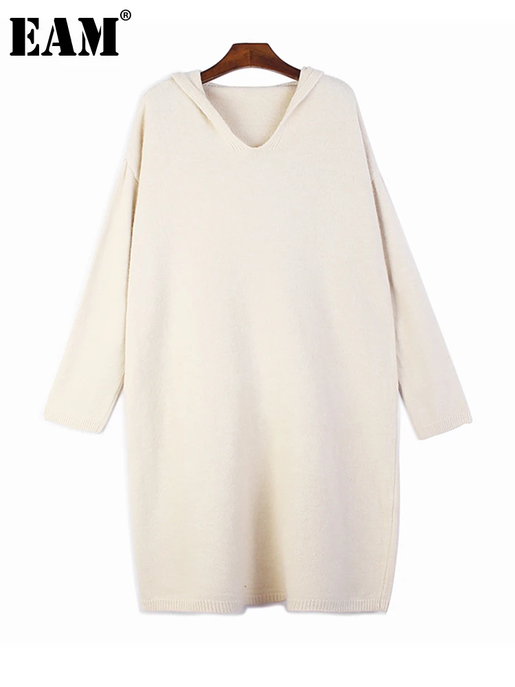 

[EAM] женское абрикосовое трикотажное длинное платье большого размера, новое свободное платье с капюшоном и длинными рукавами, весна-осень 2023...