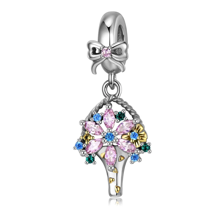 

Coloured Bouquet Bow Dangle Charm fit Women Bracelet Necklace Lady Girl DIY Jewelry Gift S925 Sterling Silver Bead