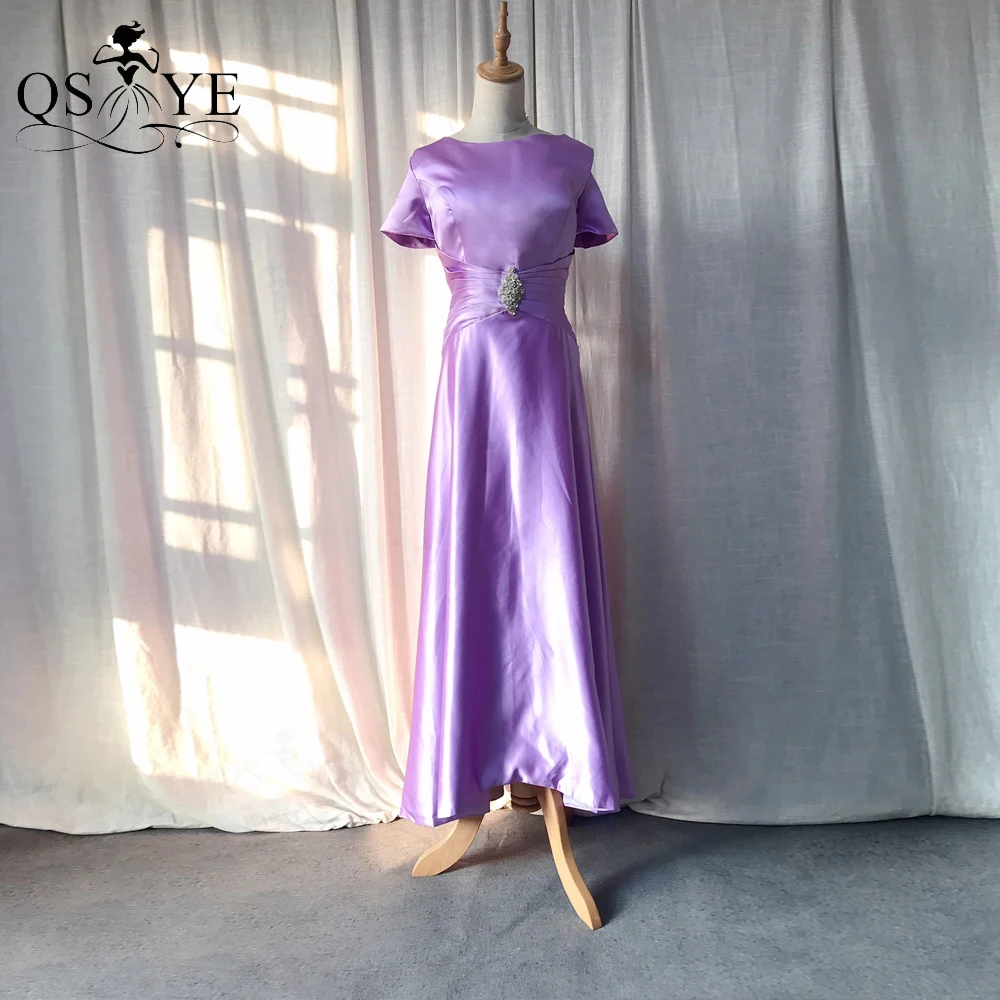 

QSYYE Purple Satin Mother of the Bride Dress A line Short Sleeves Evening Gown Ruched Brooch Mom Prom Dress