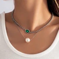purui delicate green crystal glass pendant necklace for women metal fine chain faux pearl necklace charm party jewelry gifts
