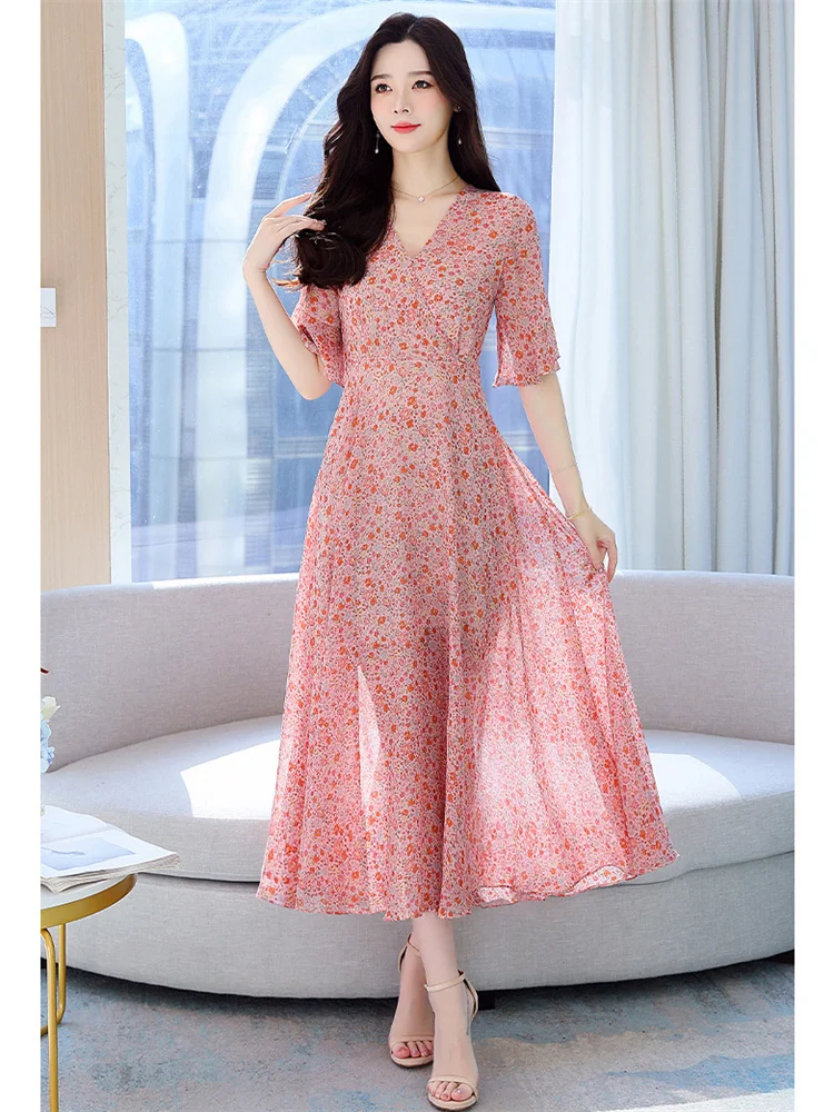 

Женское длинное платье с цветочным принтом, Элегантное повседневное облегающее платье с V-образным вырезом и коротким рукавом-клеш, лето 2023