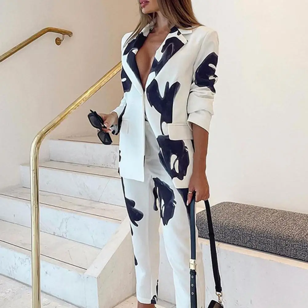 

2 Pcs/Set Women Coat Suit Single Button Lady Business Suit Lapel Straight Pattern Autumn Blazer Suit