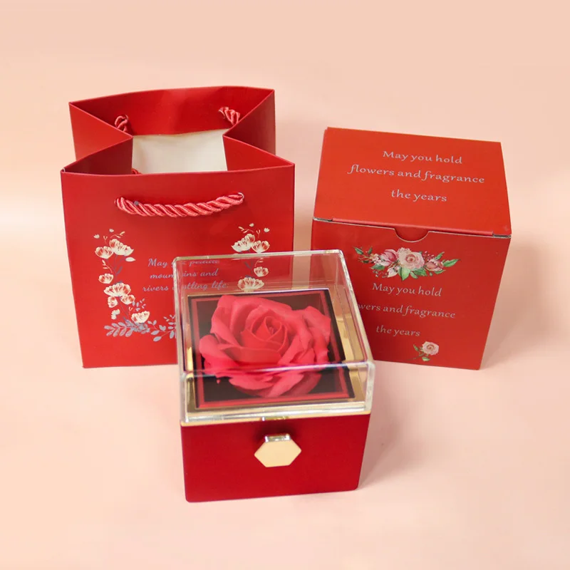 

Valentine's Day Eternal Rose Jewelry Ring Box Rotating Wedding Pendant Necklace Storage Box Women's Jewelry Display