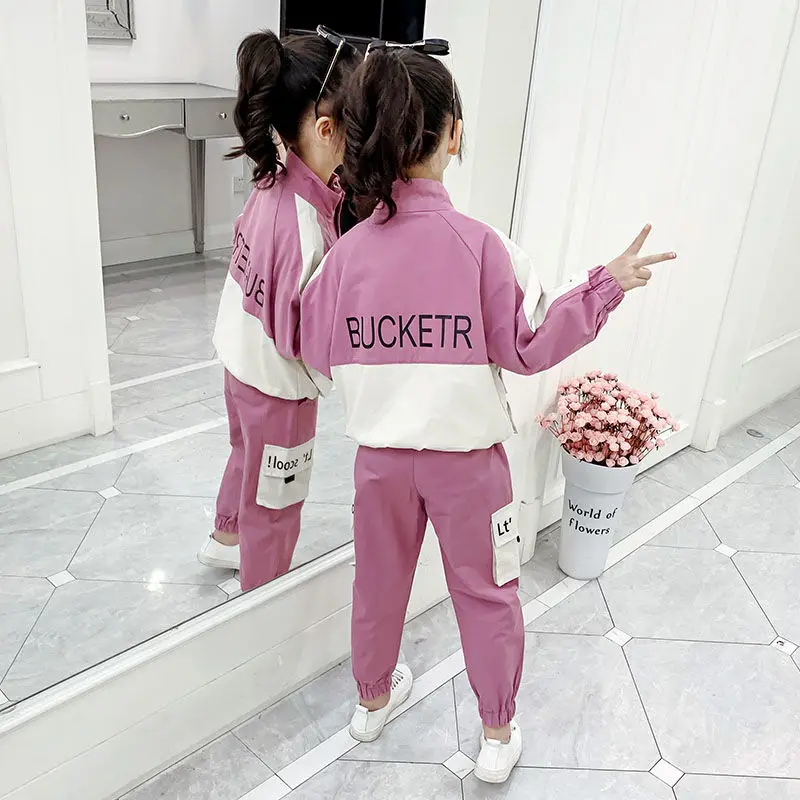 Children Campus Sportswear Teen Girls Clothing Set 2 Pcs Spring Autumn Trench+ Overalls Suit Tracksuit Kids Leisure Clothes Set