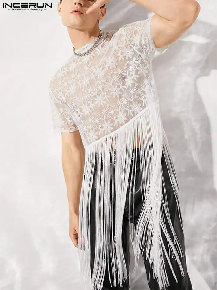 

Men T Shirt Mesh Patchwork Tassel O-neck Short Sleeve 2022 See Through T-shirts Streetwear Sexy Party Camisetas INCERUN S-5XL