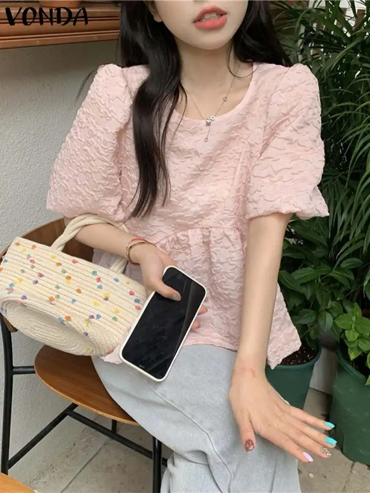 

Женские летние праздничные рубашки 2022 VONDA, элегантная однотонная блузка с пышными рукавами, элегантные шифоновые рубашки, свободные топы, ж...