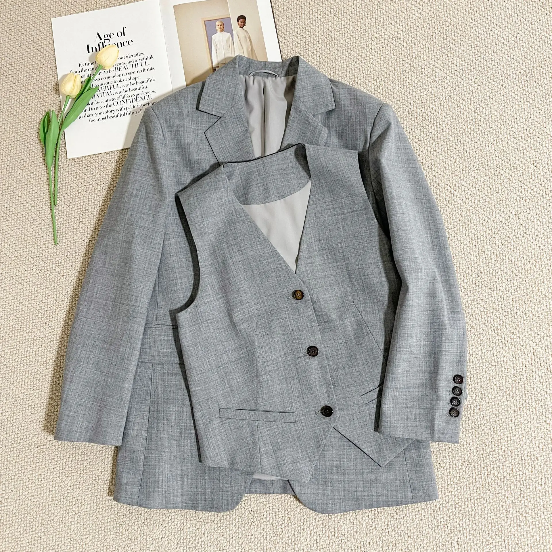 2024 легкий роскошный новый серый костюм с узором елочка шерстяной повседневный