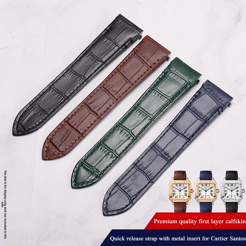 Фото Высококачественный ремешок для часов из воловьей кожи для Cartier Santos 19, 21 мм, быстросъемный ремешок для часов с металлической вставкой и пряжкой из нержавеющей стали №3