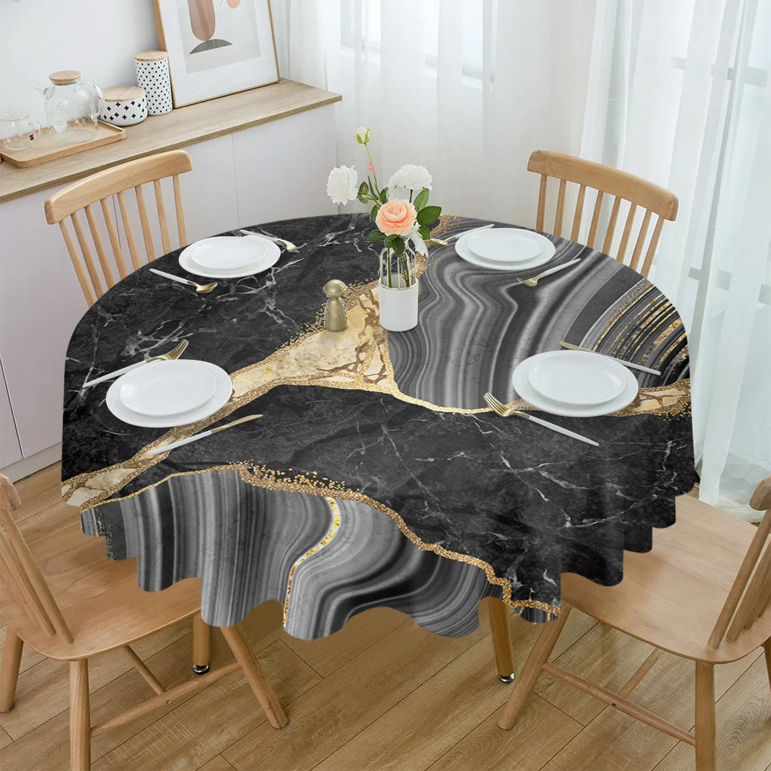 

Скатерти с черной мраморной текстурой для обеденного стола, водостойкая круглая скатерть для кухни, гостиной
