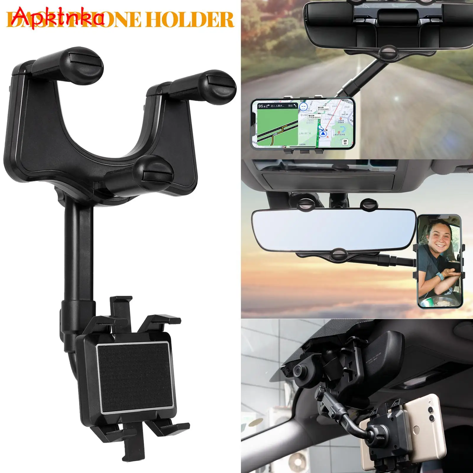 

APKTNKA Universal Car Rear View Mirror Mount 360° Rotation Stand Phone Holder Bracket Driving Recorder For iPhone Samsung GPS