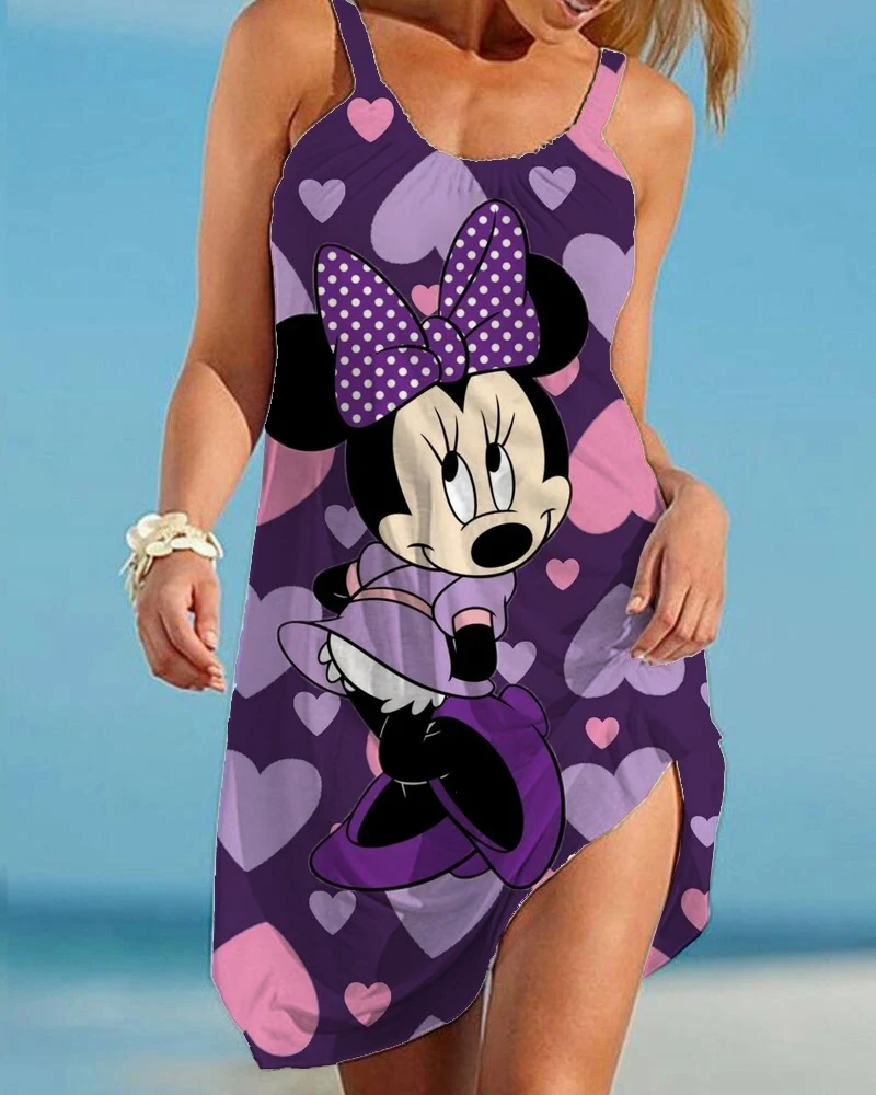 Hot Sale Women's Beach Dress Sleeveless Elegant Dress Cartoon Loose Sling Minnie Mouse Sexy Women's Disney Print New Nightdress