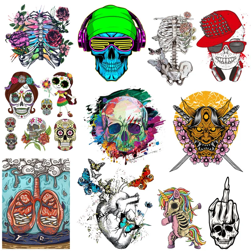 

Punk Skull Heat Thermal Transfer For T-Shirt Clothing Heart/Skeleton Stickers Iron-on Transfers For Clothes DIY Washable Patch