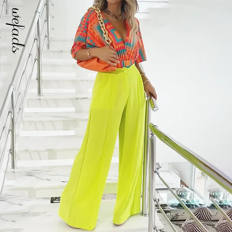 

Wefads Women Two Piece Sets Colorful Print V-Neck 2 Piece Suit Sexy Tops Straight Pants High Streetwear Femal