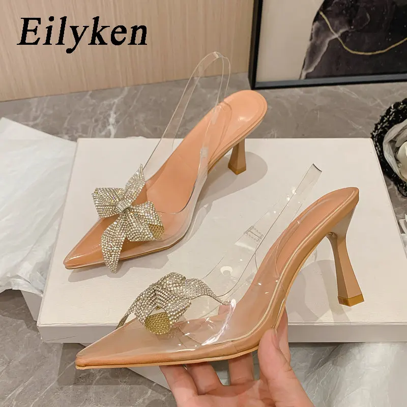 

Eilyken/Новый дизайн; Прозрачные стразы туфли-лодочки из ПВХ с бабочками; Прозрачные женские туфли с острым носком на высоком каблуке; Tacones Mujer
